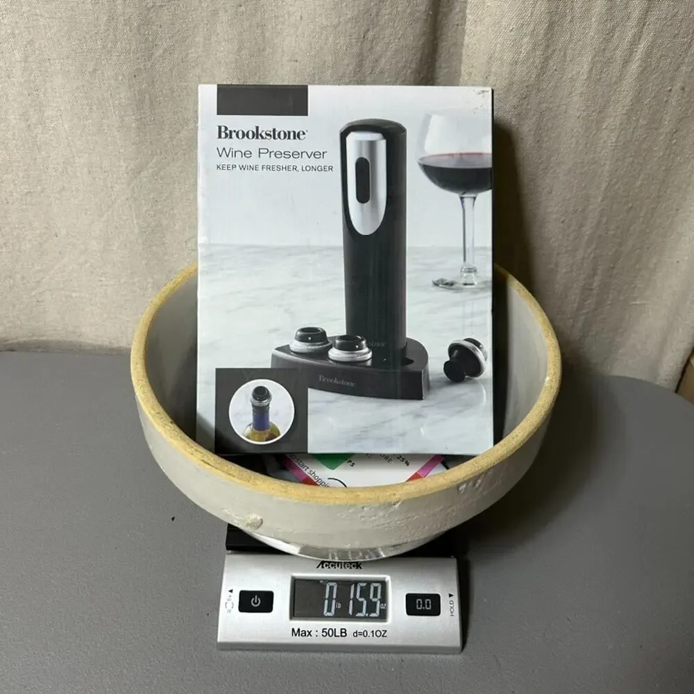 Brookstone Wine Preserver With 3 Wine Stoppers With Date Indicator Rings & Stand